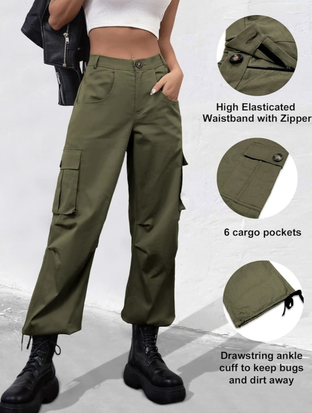 Lolocci Cargo Pants Womens Small High Waist 6 Pocket Drawstring Utility Outdoor‎